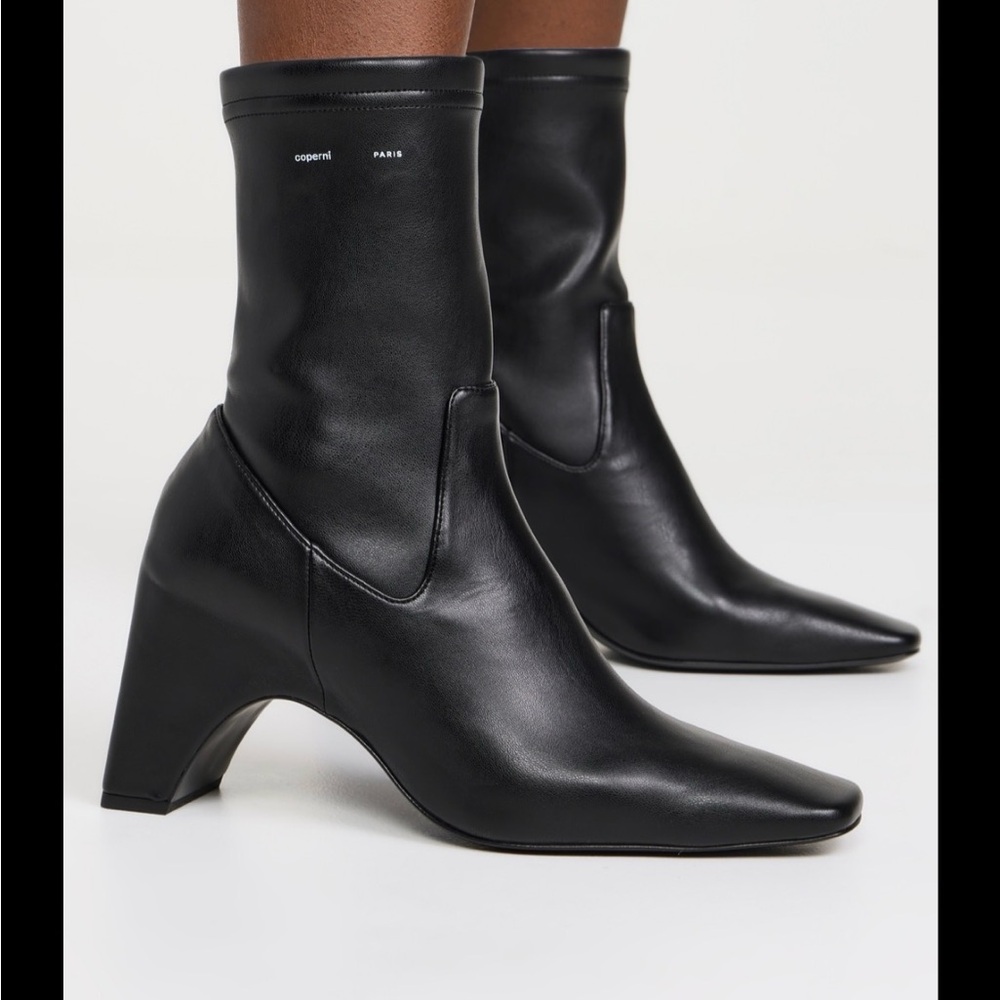 Coperni Black Leather Mid-Calf Sculpted Block Heel Boot